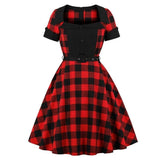 1950s Retro Gingham Rockabilly Pinup Red Plaid Belted Button Front Vintage Women Dress