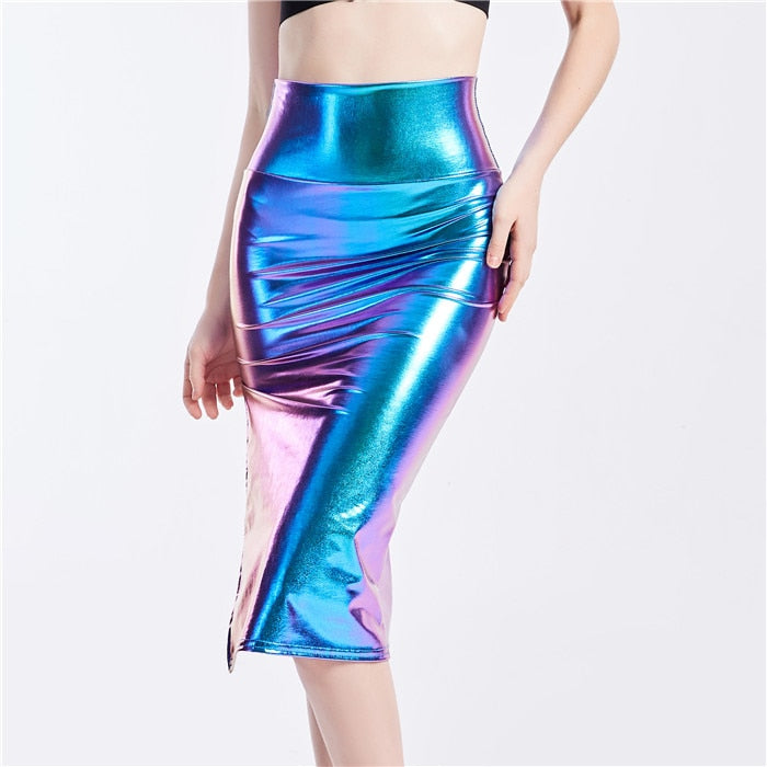 High Split Skinny Bling Laser Holographic Midi Night Party Club Pu Patchwork Skirt