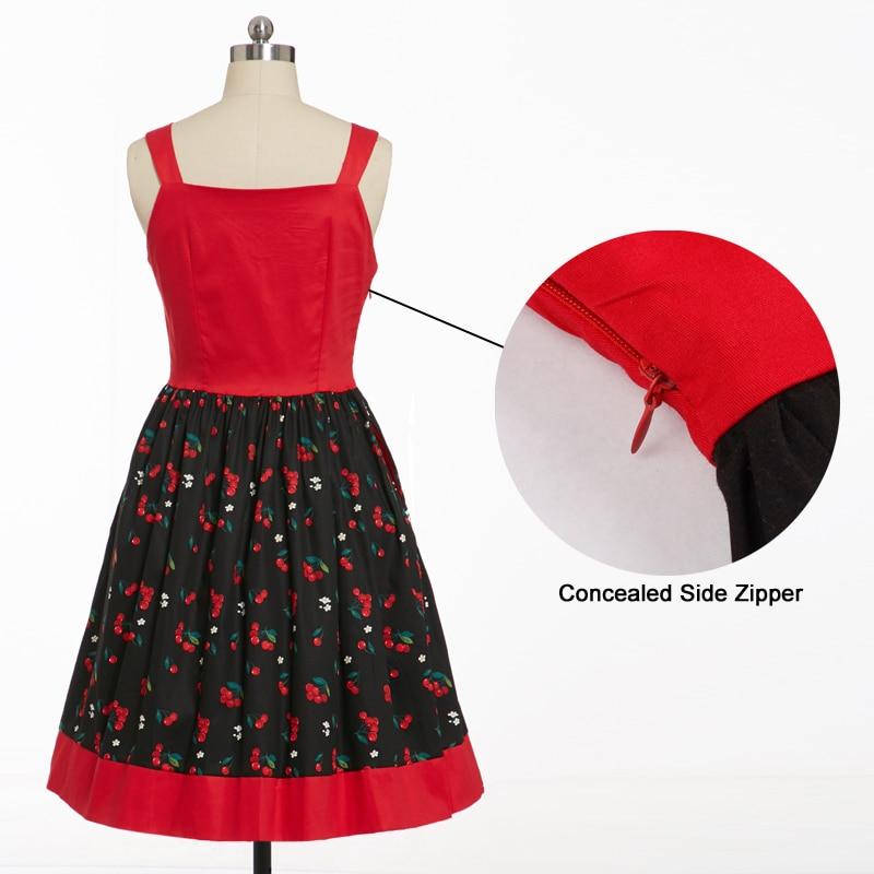 Retro Cherry Print Pin Up Style Red Pleated Spaghetti Strap Pockets Fit and Flare Cotton Vintage Dress