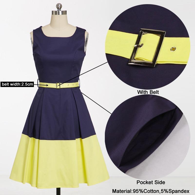 Navy Blue and Yellow Color-block Vintage Retro Belted Slim Fit Pocket Office Ladies Pleated Cotton Dress