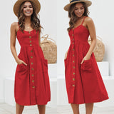 Women Straps Bohemian Floral Tunic Ladies Beach Sundress Pocket Red Midi Party Dress