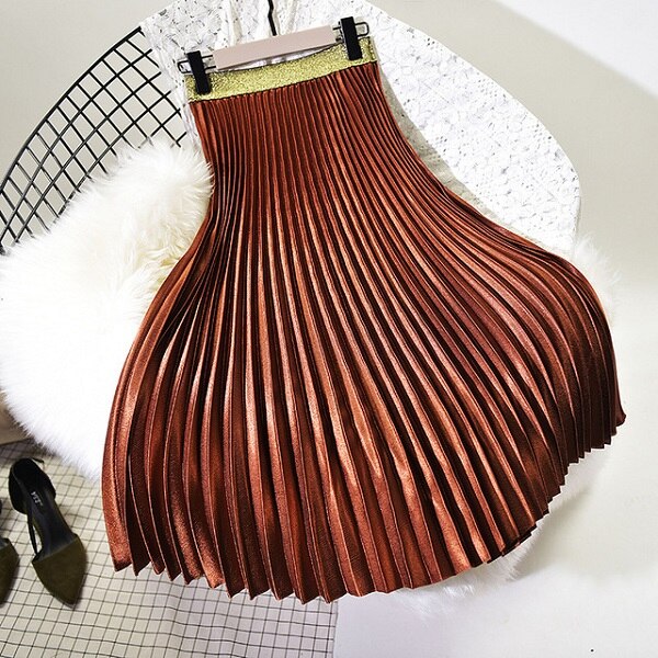 Elegant Pleated Elastic High Waist Women Long Midi Skirt