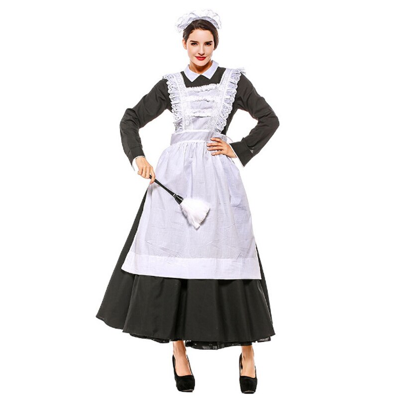 S-XXL Sexy Adult Woman 3PC Late Night French Maid Servant Costume Black&White French Maid Costume Halloween Party Long Dress