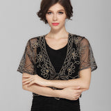Summer Crochet Lace Mesh Shrug Bolero V Collar Short Sleeve Embroidery Flower See-Through Vintage Cardigan Shawl Coat