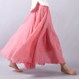 Women Linen Cotton Long Elastic Waist Maxi Beach Boho Casual Lady Vintage Pleated Skirt