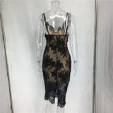 Black Lace Midi Spaghetti Strap Evening Party Hollow Out Elegant Lace Bodycon Dress