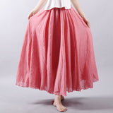 Women Summer Linen Cotton Vintage Women Long Elastic Waist Pleated Maxi Skirts