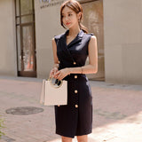 New Women Summer Office Lady Belted  Vestidos Sleeveless Work Wear Slim Double Button Sexy Forean Fashion Style Dress Clothes