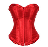 Sexy Satin Lace up Boned Overbust Corset and Bustier With Ruffle Trim Showgirl Lingerie Red Blue Black White S-XXL Fashion