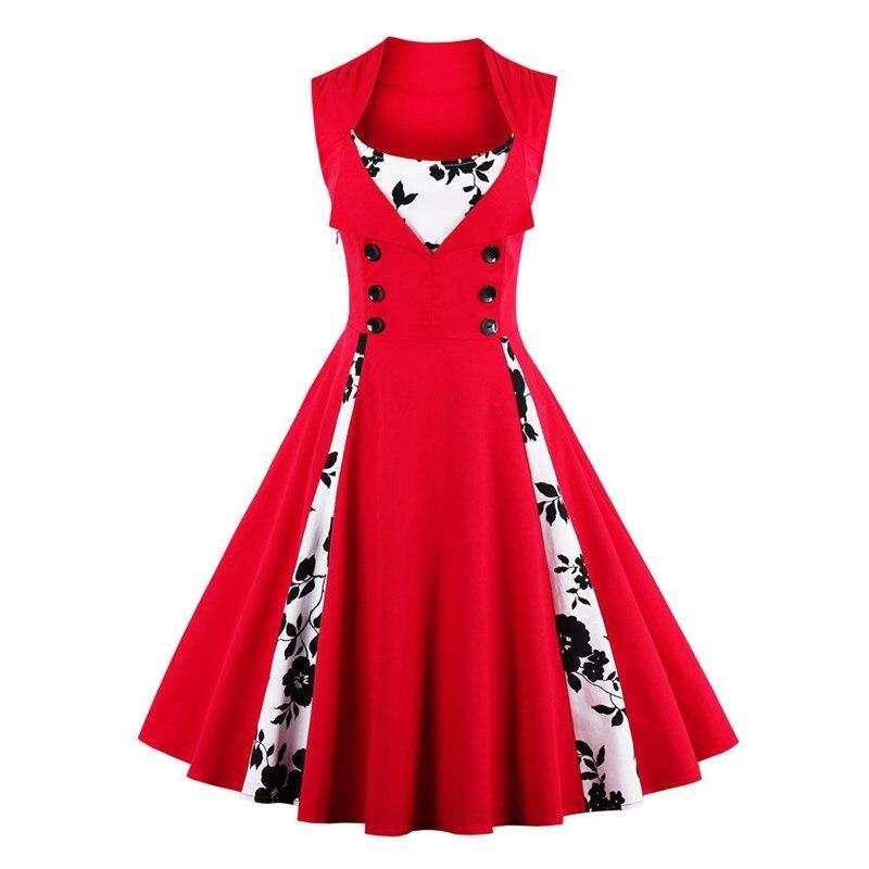 5XL Plus Size Vintage Rockabilly Pink Floral Contrast Dress Elegant Button Tunic Swing Dress