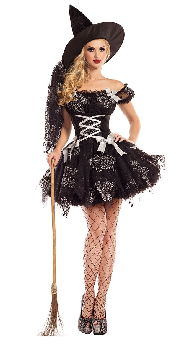 Adult Gothic Witch Costume Halloween Party Witch Costume Women Sexy Black Tulle Witch Dress+Hat