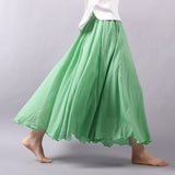 Women Linen Cotton Long Elastic Waist Maxi Beach Boho Casual Lady Vintage Pleated Skirt