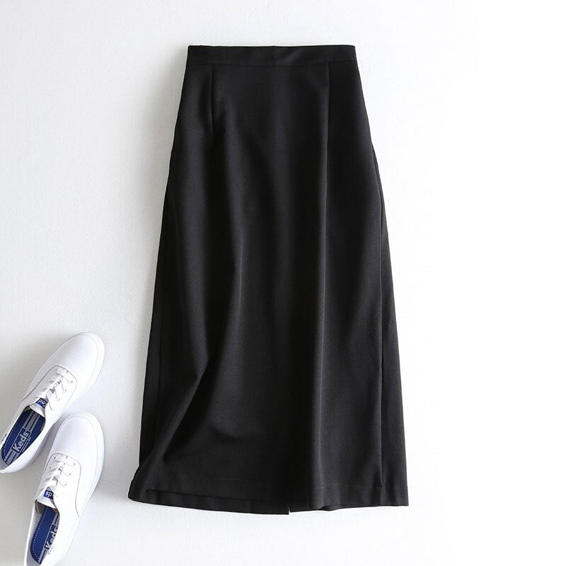Autumn Women Solid Elastic High Waist A-Line Office Lady Split Elegant Skirts