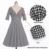 Houndstooth Vintage 50s Rockabilly Sexy V Neck Plaid Women Pin Up Half Sleeve Autumn Party Retro Elegant Dresses