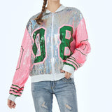 Women Casual Silver Pink Green 08 Number Sequin Jacket Long Sleeve Zipper Club Party Coat Outwear Loose Sequined Bomber Jacket