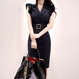 Women Summer Office Lady Belted Striped Dress Ruffle Sleeve Notched Collar Slim Sexy Korean Fashion Style Vestidos Dress