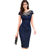 Hollow Out Lace Embroidery Elegant Pleated Party Vintage Floral Embroidered Pinup Pencil Dress