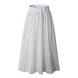 New White Dots Floral Print Pleated Midi Elegant Elastic High Waist Side Pockets Women Skirt