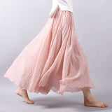 Women Summer Linen Cotton Vintage Women Long Elastic Waist Pleated Maxi Skirts