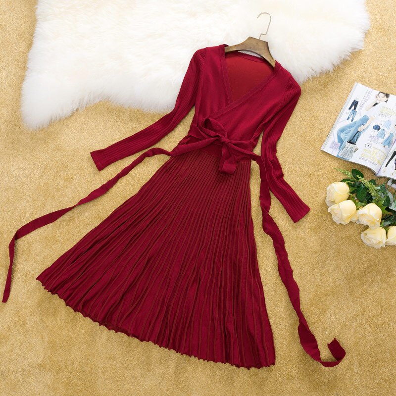 High Quality V Neck Casual Pleated Knitted Womens Dresses New Arrival 2018 Long Sleeve Autumn Winter Dress Women Elegant Dress