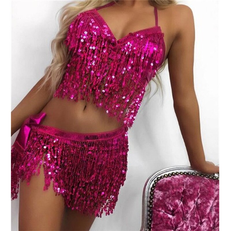 Tassels Sequins 2 Piece Set Sexy Crop Top and Back Lace Up Skirt Plus Size Suits