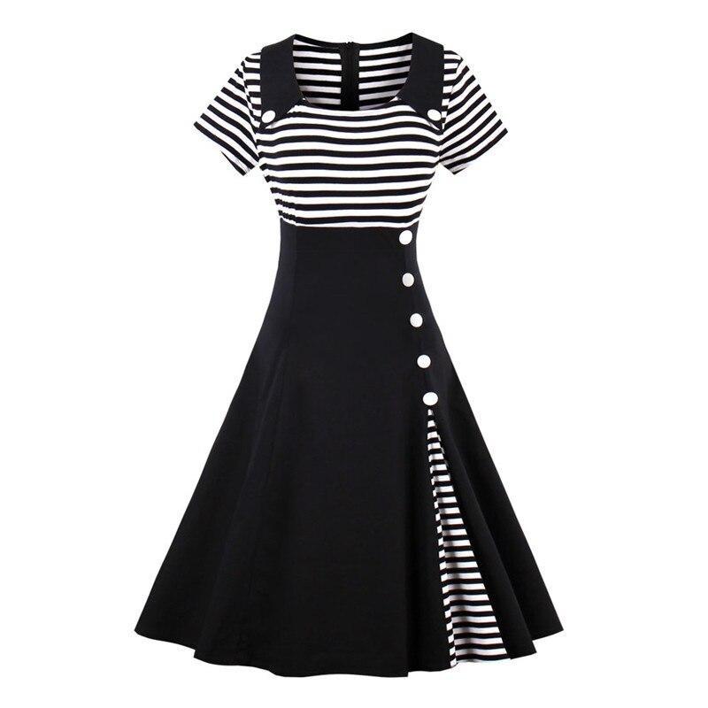 Plus Size Vintage Striped Summer Dress Women Button Retro A Line Black Dress