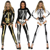 Women Skeleton Pattern Tight Bodysuit Long Sleeve Jumpsuit Halloween Party Horror Costume Funny Demon Skull Cosplay Outfit