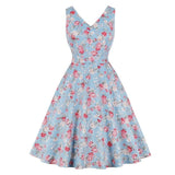 Pink Rockabilly A Line High Waist Vintage Floral Pockets Fit and Flare Lady Sleeveless 50s Elegant Women Dress