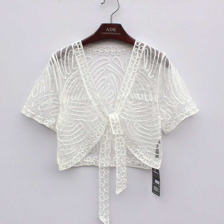 Lace Hook Flower Vintage Sheer Bolero Shawl Coat Summer See-Through Short Sleeve Embroidery Thin Mesh Shrug