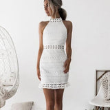 Hollow Out Patterns Vintage Lace Crochet White Elegant Short Cut Out Sleeveless Dress