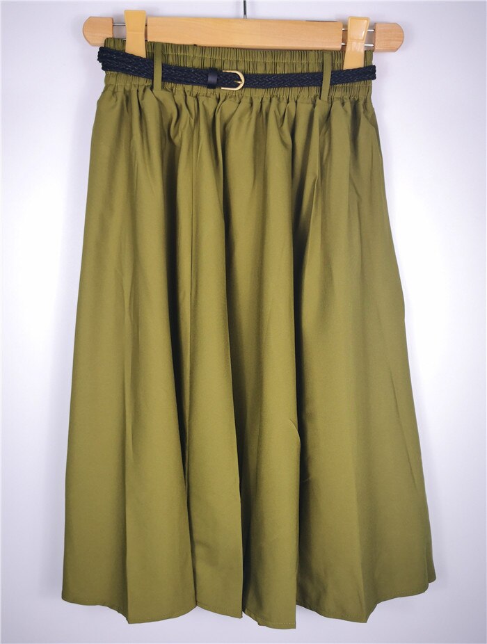 Midi Knee Length Summer With Belt Casual Elastic Korean High Waist Pleated A-line Skirt