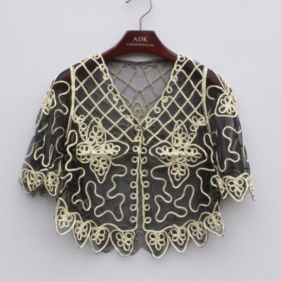 Vintage 1920s Cardigan Coat Half Flare Sleeve V-Neck Embroidery Floral Grid Lace Short Cape Shawl