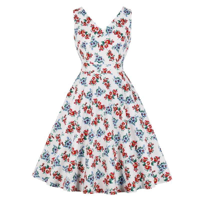 Pink Rockabilly A Line High Waist Vintage Floral Pockets Fit and Flare Lady Sleeveless 50s Elegant Women Dress