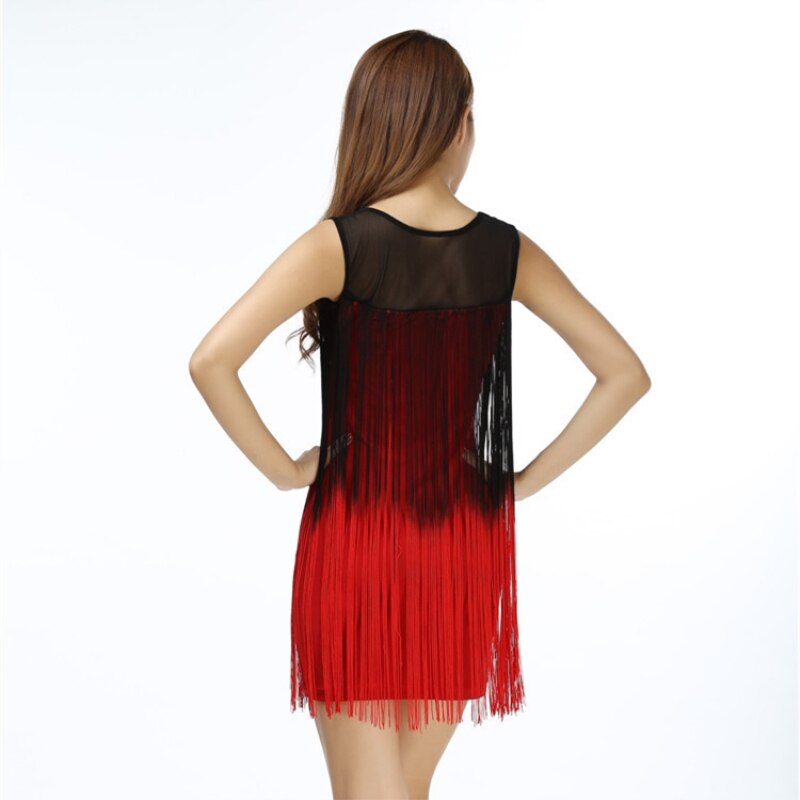 Gradual Fringe Mini Bodycon Dress Sleeveless Patchwork Mesh Club Party Slim Sheer Ballroom Dance Dress