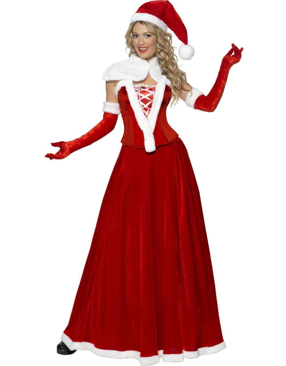 Deluxe Female Red Velvet Xmas Dress Adult Women Santa Claus Sexy Outfit Christmas Costume(Shawl+Hat+Corset+Skirt+Gloves)