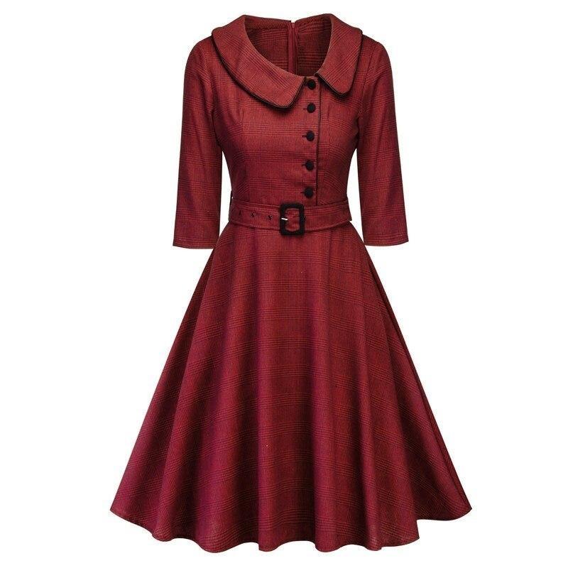 Casual Burgundy Elegant Autumn Plaid Vintage 3/4 Sleeve Office Lady Belted Retro Dress