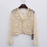 Long Sleeve Bolero Thin Perspective Shawl Shrug Top Pearl Button V Collar Mesh Embroidery Lace Cardigans