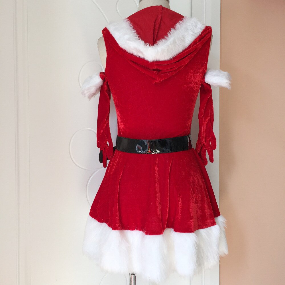 3Pcs Deluxe Red Sexy Christmas Hooded Dress Adult Santa Claus Uniform Cosplay Xmas Costumes For Women