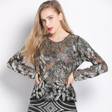 Sequin Lace Mesh Long Sleeve Shirt Top O-Neck Beading Embroidery Leaf Vintage See-Through Women Party Blouse Tunic