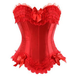 Sexy Satin Lace overlay Overbust Corset Top Zipper Side Bowknot Decorated Clubwear Showgirl Body Shaper Plus Size S-6XL