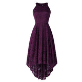 Purple Lace Long Elegant Hollow Shoulder Fit and Flare High Low Hem Midi Dress