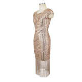 Midi Sequin Fringe Vintage Deco 1920s Flapper Dress Women Geometric Cap Sleeve Deep V Back Bodycon Party Dress