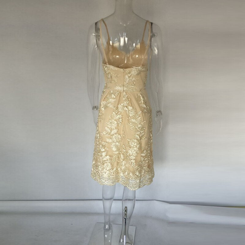 Gold Floral Lace Embroidery Swing Pattern Spaghetti Strap V-Neck Sleeveless Casual Midi Dress Sundress