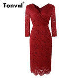 Red Elegant Floral Lace Office Lady Pencil Elegant Workwear 3/4 Sleeve Bodycon Sheath Dress
