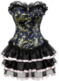 Gothic Gold Jacquard Corset Lace up Overbust Corsets Halloween Costume cosplay Dress Tutu Skirt Petticoat Showgirl Dance Dress