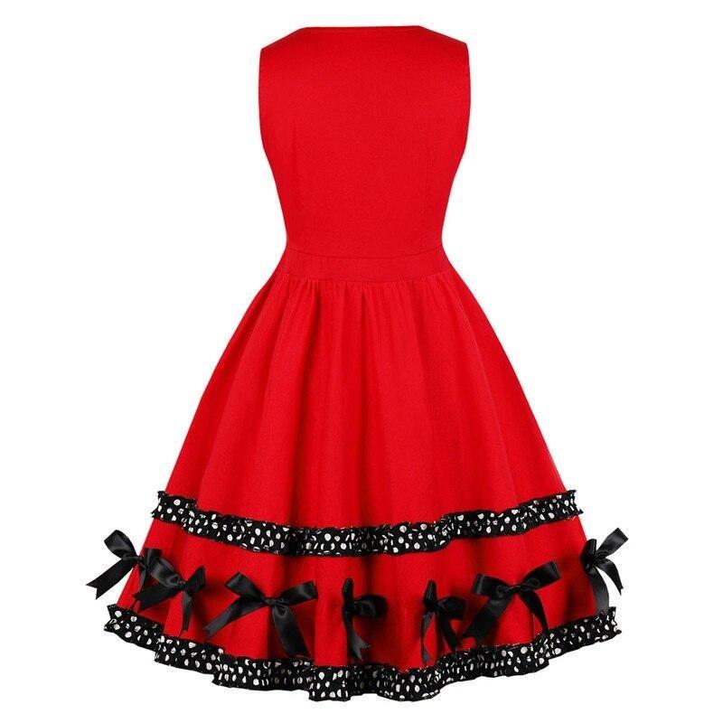 Pin Up Polka Dot Ruffle Pleated Button Up Bow Bottom Red Women Vintage Retro Christmas Dress