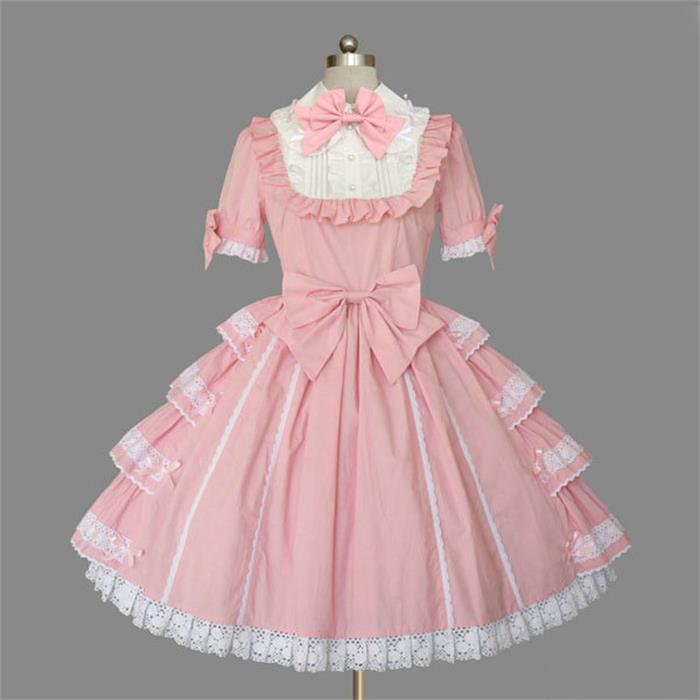 High Quality Pink Straps Lace Bow Sweet Lolita Dress Christmas Princess Party Dresses With Bowknot Halloween Layered Dress