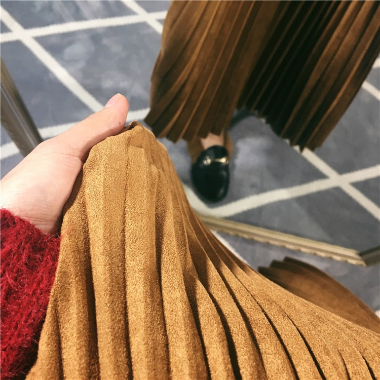 Women Suede Autumn High Waist Long Pleated Vintage Midi Skirt