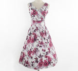 Floral Vintage Dress Women Cotton Midi V Neck 1950S Party Summer Elegant Red Pleated Dress