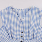 Gingham Print Single Breasted Blue Summer High Waist Vintage Women Tunic Pleated Plaid Casual Dresses